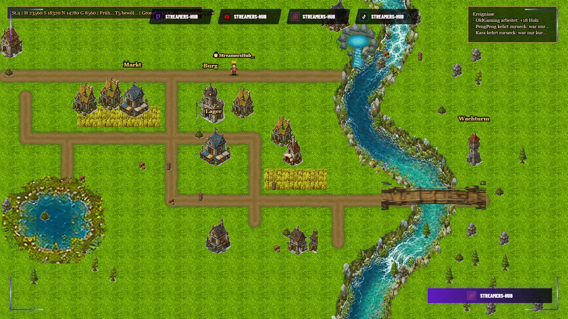 Stream Kingdoms Live-Overlay mit Königreich, Straßen, Gebäuden und Fluss